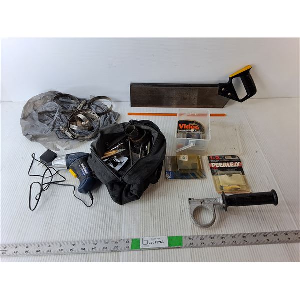 Drill Side Handle, Hose Clamps, Hand Saw, Misc.