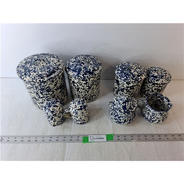 Enamel Dish Set- Jars, Creamer, Sugar Dish, Salt & Pepper Shakers