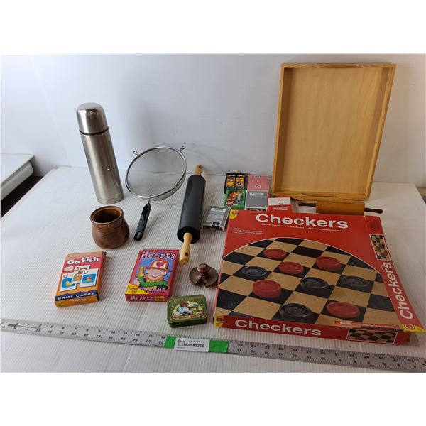 Checkers Game, (6) Decks of Cards, Rolling Pin, Misc.