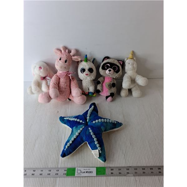 (6) Stuffies- Starfish, Ty Beanies, Unicorn, Misc.