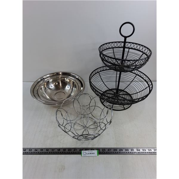 (2) Fruit Bowls & Set of 3 Mixing Bowls