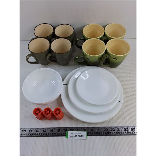 (2) Sets of 4 Mugs, Set of Corelle Dishes, 3 Spigots