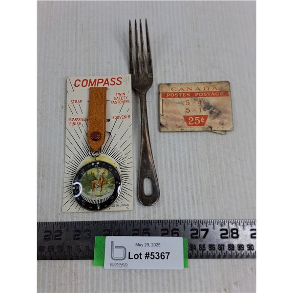 Vintage Compass, Postage Stamps, Fork