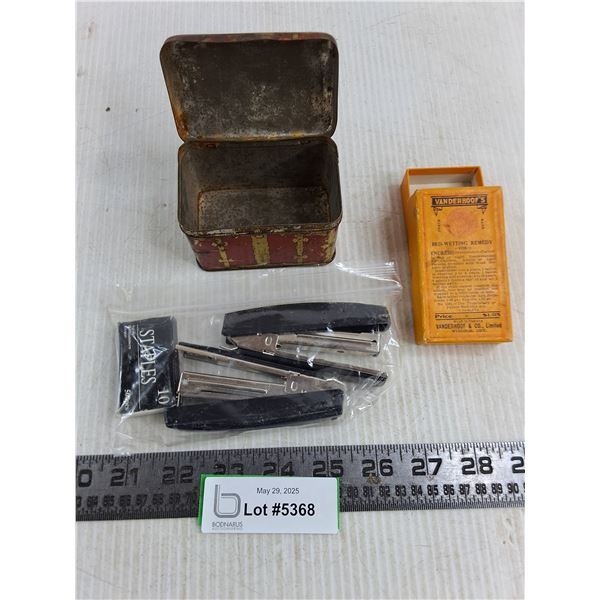 Vintage Tin & Vanderhoof's Box, 2 Small Staplers