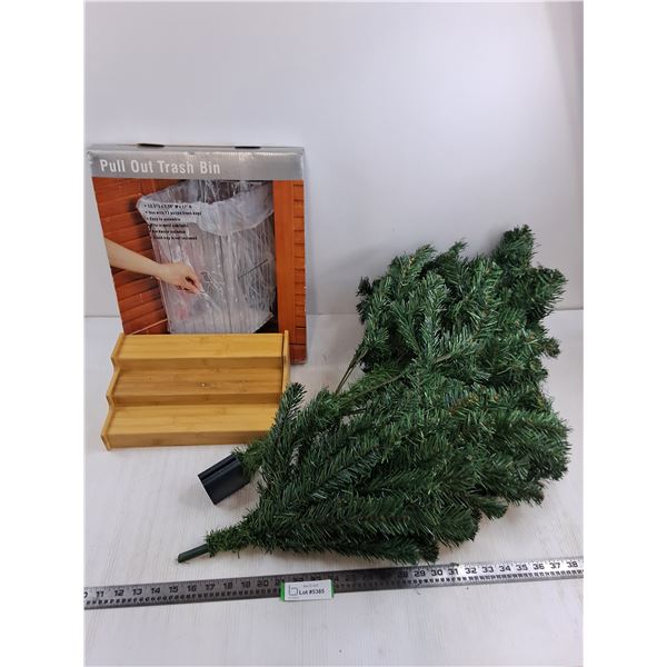 Pull Out Trash Bin Set - Unused, Extendable Wooden Rack, 2 Faux Pine Tree Branches