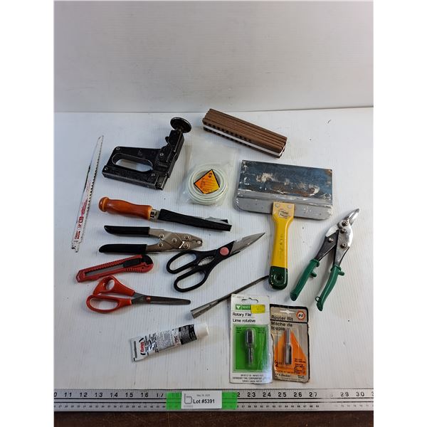 Tin Shears, Stapler, Scissors, Rotary File and Bit, Reciprocating Saw Blade and Misc