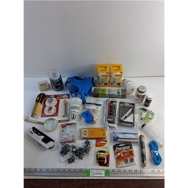 LED Light Bulbs, Box Cutter, Magnifying Glass, Brad Nails, Duct Seal, Pet Harness and Misc