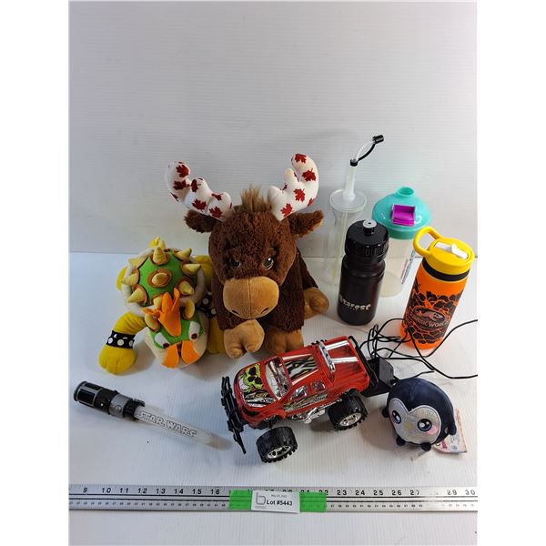 Plush Toys, Toy Truck, Star Wars Light Saber and Water Bottles