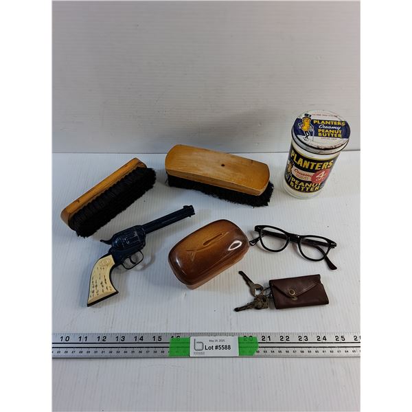 Daisy Gun, Shoes Brushes, Coin Bank, Glasses and Planters Peanut Butter Jar
