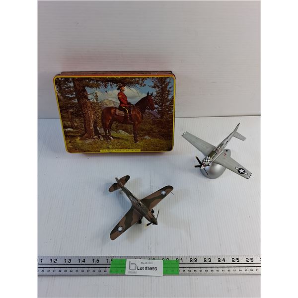 Canadian Mountie on Patrol Tin Box and (2) Military Airplane Models