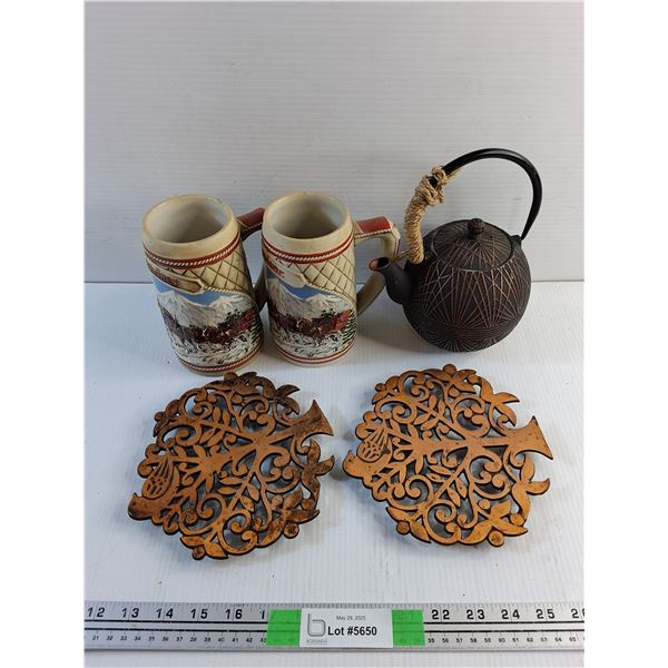 (2) Budweiser Beersteins, Metal Tea Pot and (2) Trivets