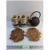 Image 1 : (2) Budweiser Beersteins, Metal Tea Pot and (2) Trivets