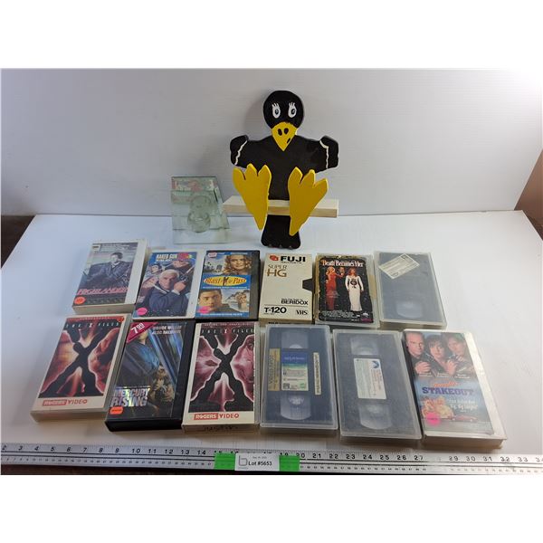 Various VHS Movies, Candle Holder and Bird Decor
