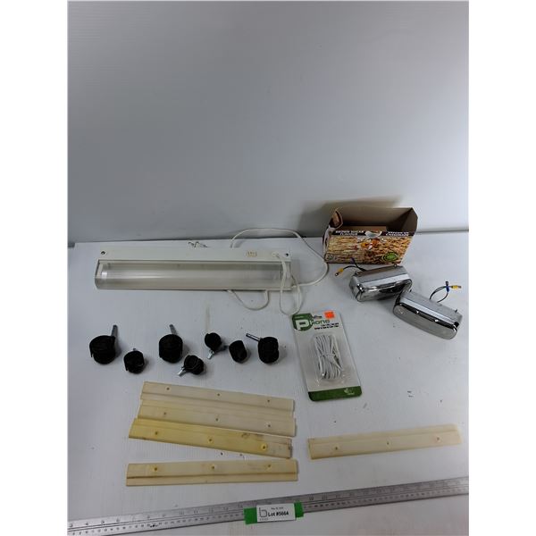 Assorted Items - (7) Chair Wheels, (2) Car Lights, Portable Light, Misc