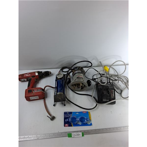 Assorted Items - Milwaukee Power Drill, Air Pressure Gauge, Rockwell Router Base, Misc - As Is