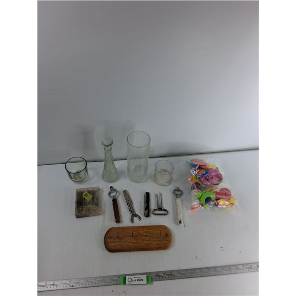 Assorted Items - Glass Vases, Glass Cups, Various Corkscrews And Bottle Openers,Misc