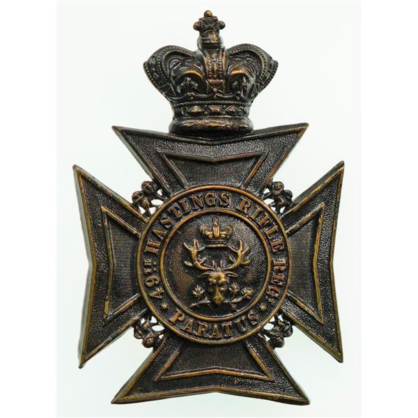 Militaria Insignia;  Helmet Plate Badge - 49th Hastings Battalion of Rifles Victorian blackened exam