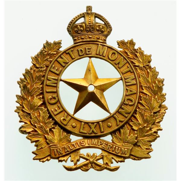 Militaria Insignia;  Helmet Plate Badge - 61st Le Regiment de Montmagny Victoria example w/possible 