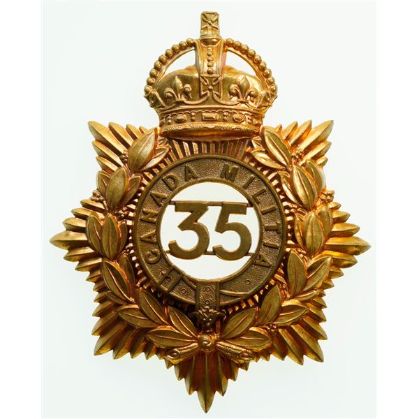 Militaria Insignia;  Helmet Plate Badge - 35th Battalion, The Simcoe Foresters QVC Gilded example.