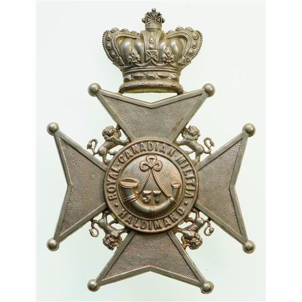 Militaria Insignia;  Helmet Plate Badge - 37th Haldimand Rifles Victorian 1880 example.  9cm x 12cm.
