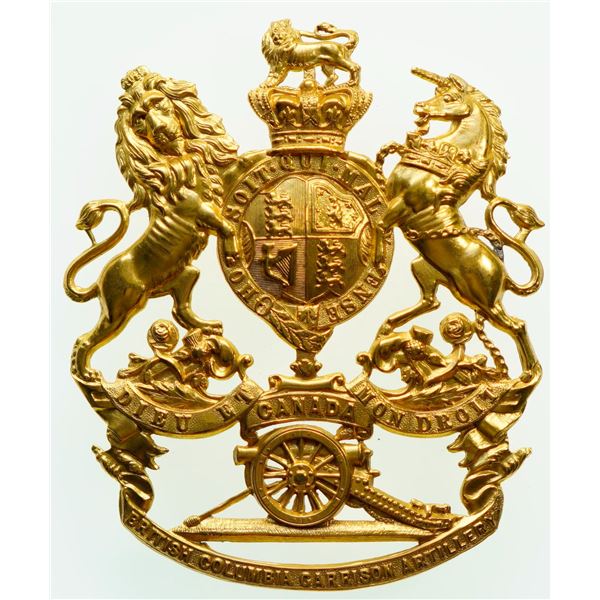 Militaria Insignia;  Helmet Plate Badge - Rare British Columbia Garrison Artillery Victorian Gilded 