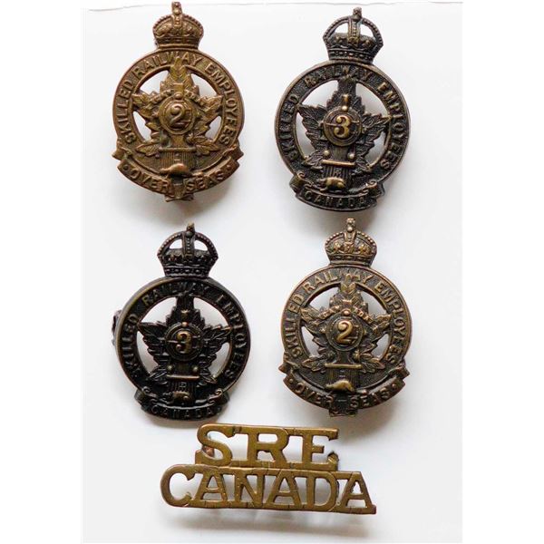 Militaria Insignia C.E.F. WW1; 1st & 2nd Skilled Railway Employess Collar & Shoulder badges.  Lot of