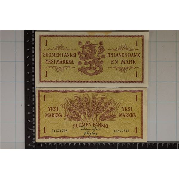 2-FINLAND 1 MARKKA BILLS: 1 CU AND ONE EXTRA FINE
