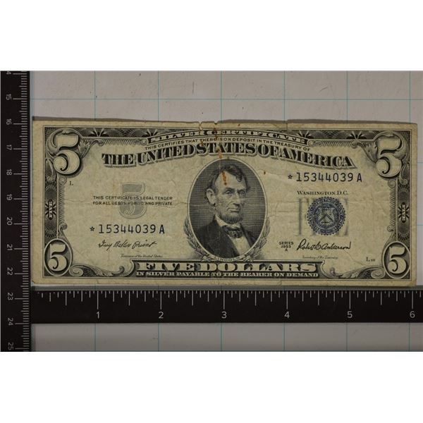 1953-A $5 SILVER CERTIFICATE STAR NOTE BLUE SEAL