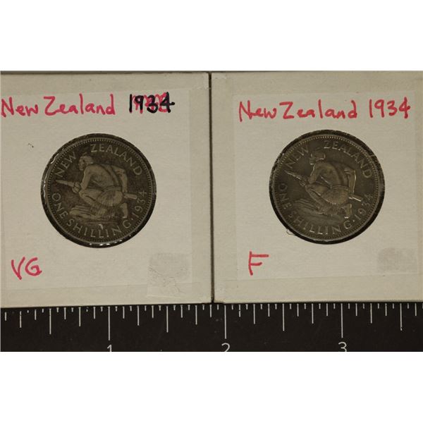 2-1934 NEW ZEALAND SILVER 1 SHILLING COINS: