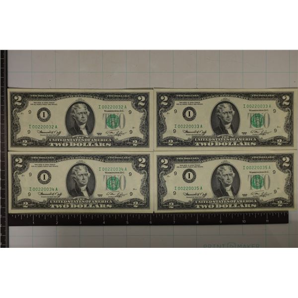 4-CRISP UNC 1976 US $2 FRN'S WITH CONSECUTIVE #'S
