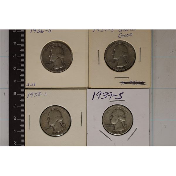 1936-S, 37-S, 38-S & 39-S WASHINGTON SILVER 1/4'S