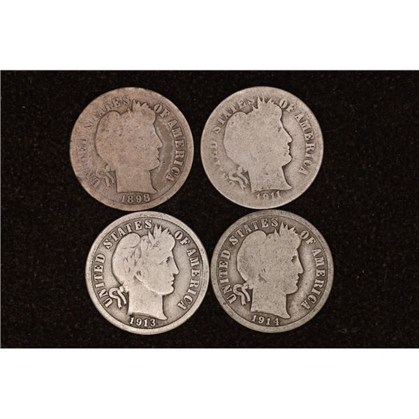 1898, 1911-D, 1913 & 1914-D SILVER BARBER DIMES