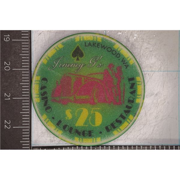 JIMMY G'S $25 CASINO CHIP LAKEWOOD WASHINGTON