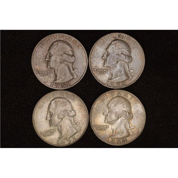 1951-S, 52-D, 53-D & 1954 WASHINGTON SILVER 1/4'S