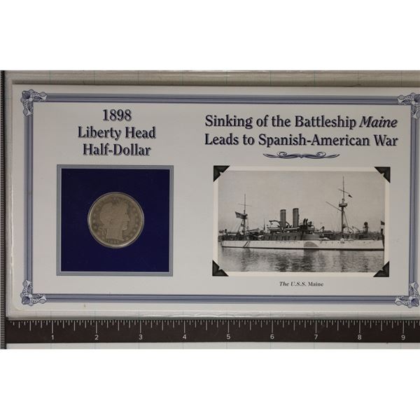 1898 SILVER BARBER HALF DOLLAR IN INFO CARD WITHIN