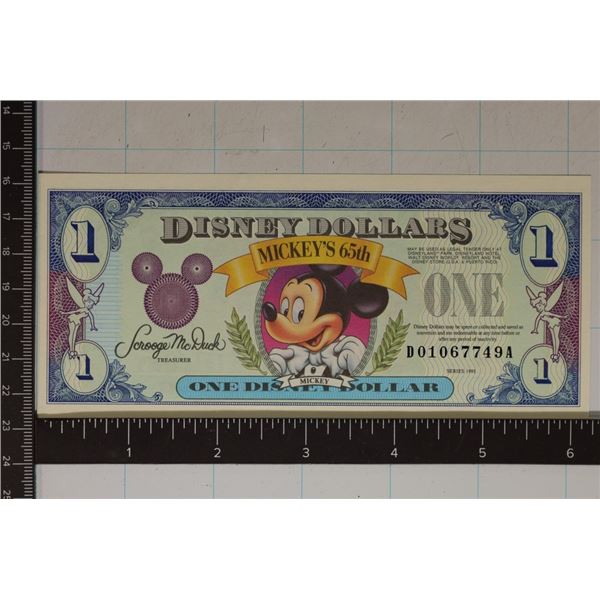 1993 ONE DISNEY DOLLAR CRISP UNC COLORIZED BILL