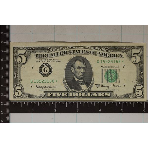 1963-A US $5 STAR FRN GREEN SEAL BILL  XF