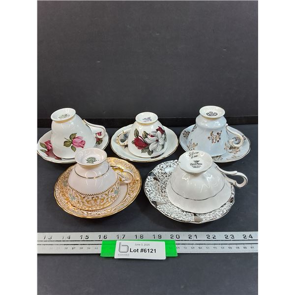 (5) Tea Cup & Saucer Sets: Windsor, Queen Anne, Royal Grafton, Misc