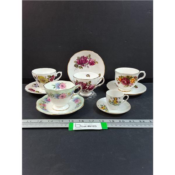 (5) Tea Cup & Saucer Sets: Foley, Delphine, Royal Vale, Misc