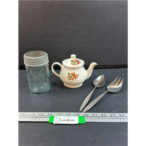 Sadler Teapot & Crown Blue Glass Canning Jar & Rogers Silver Plated Salad Utensils