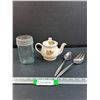 Image 1 : Sadler Teapot & Crown Blue Glass Canning Jar & Rogers Silver Plated Salad Utensils