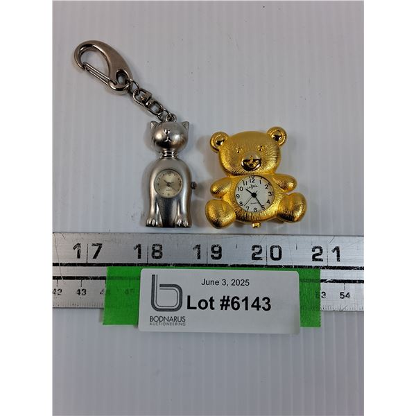 Gold Toned Teddy Bear & Silver Cat Pocket Watches - Working