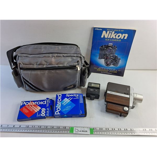Bell & Howell Focus Matic Camera, Flash Attachment, Polaroid Instant Films and Optex Camera Bag