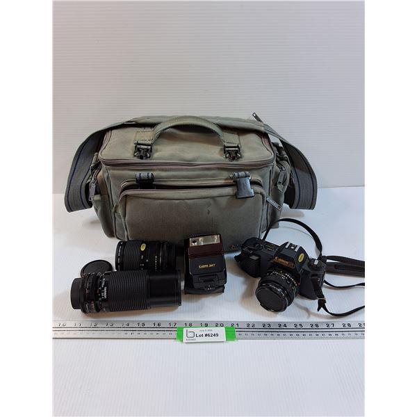 Canon T50 Film Camera w/Flash, (2) Zoom Lenses & Carrying Bag