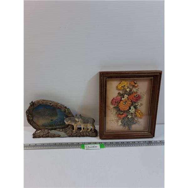 Floral Art in Frame  & Wolf Mantle Decor