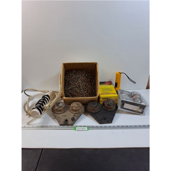 (2) Metal Beam Trolleys, Suspension Poly Components, Door Knob, Nails in Box, Power Bar, As Is