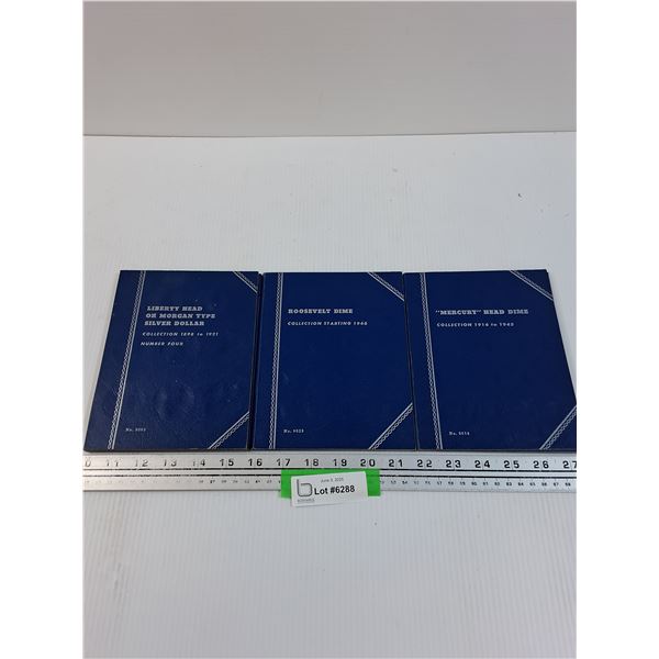 (3) American Coin Booklets (EMPTY): Liberty Head Silver Dollar, Roosevelt Dime, Mercury Head Dime