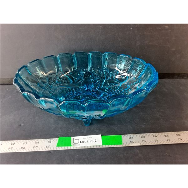 Footed Blue Glass Dish 12" Long x 4" Tall