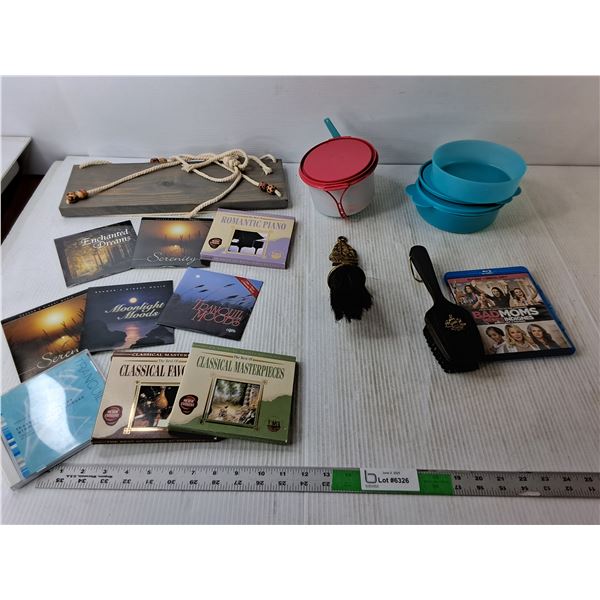 (9) Relaxation CDs, Bad Moms Blu-Ray, (2) Brushes, Misc.