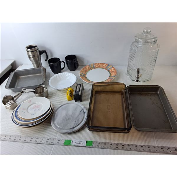 Kitchen Lot- Glass Beverage Dispenser, (7) Plates, Baking Pans, Misc.